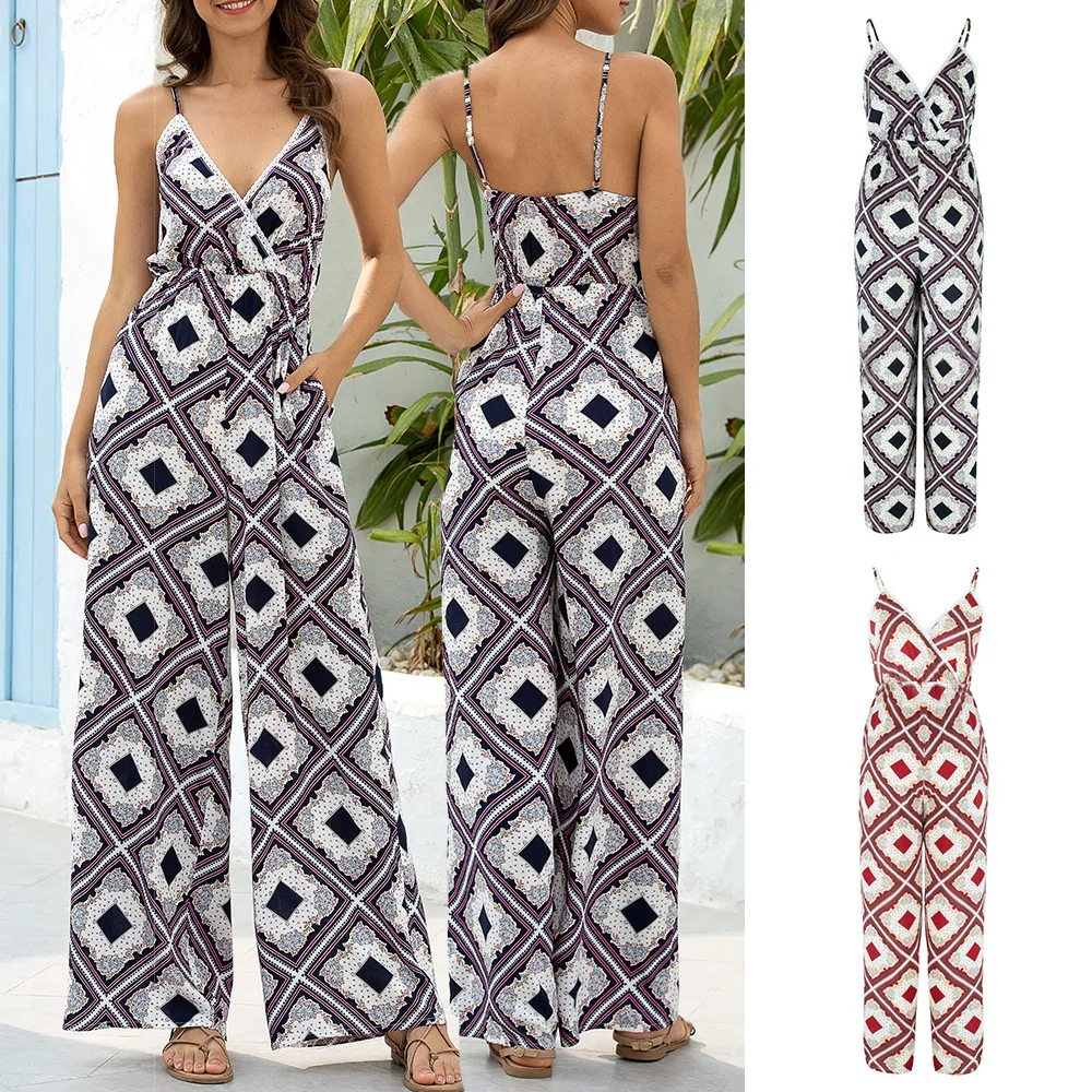 

Summer New Women Sexy Sleeveless Pocket Camisole Style Jumpsuit Suspending Wide Loose Casual Pants