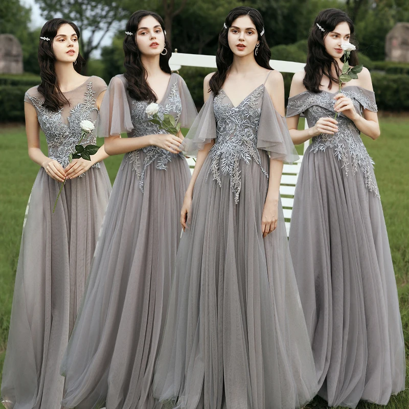 

Bridesmaids Dresses Illusion Spaghetti Straps Pearls Embroidery A-Line Floor-Length V-Neck Tulle Women Wedding Party Gown E240