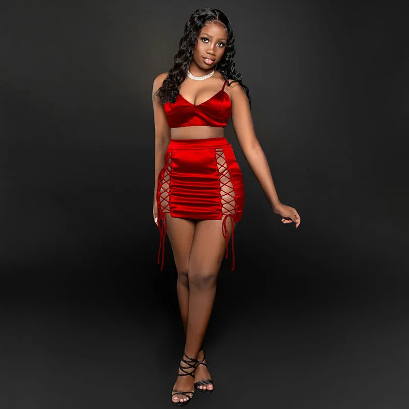 

Trap Crop Rop Bandage Lace Up Mini Skirt Set Two Piece Set Party Night Club Outfits Matching Set Women Clothes