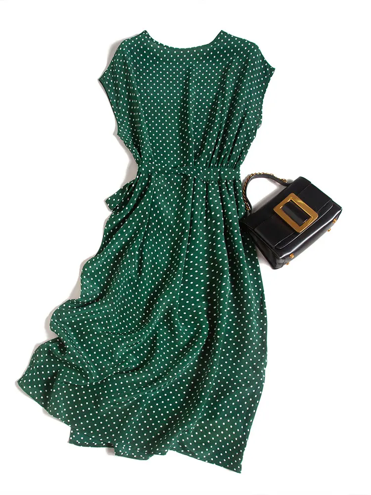 

Shuchan Green Natural Silk Summer Dresses for Women Thin Raglan Sleeve Mid-Calf Sashes Vintage Dot A-Line O-Neck Dress