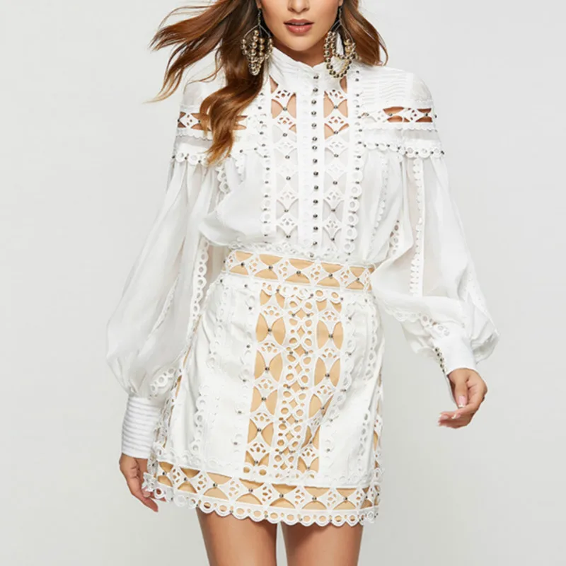 only white blouse Высокая уличная Женская Сексуальная кружевная полая блузка роскошные заклепки дизайнер стенд воротник фонари рукава рубашки женские вечерние топы - Цвет: only white blouse