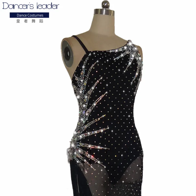

Latin Dance Dress Competition Dress Costumes Skirt Performing Dress Sparkly Rhinestones Black Slim Fit Stretch Velvet Customize