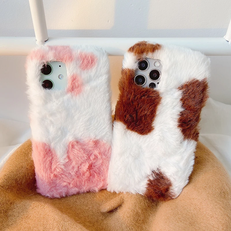 

Cute Dairy Cow Fluffy Plush Phone Case For iPhone 13 Pro Max 12 11 X XR XS Max 8 Plus Winter Fuzzy Fleecy Wool Fabric Soft Cover
