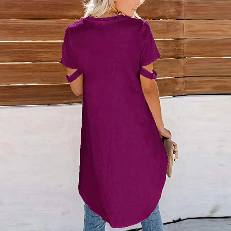 

Fashion T-Shirt Women Short Sleeve Irregular Long T-Shirt Ladies Summer Casual O Neck Loose Tops Solid T-Shirt