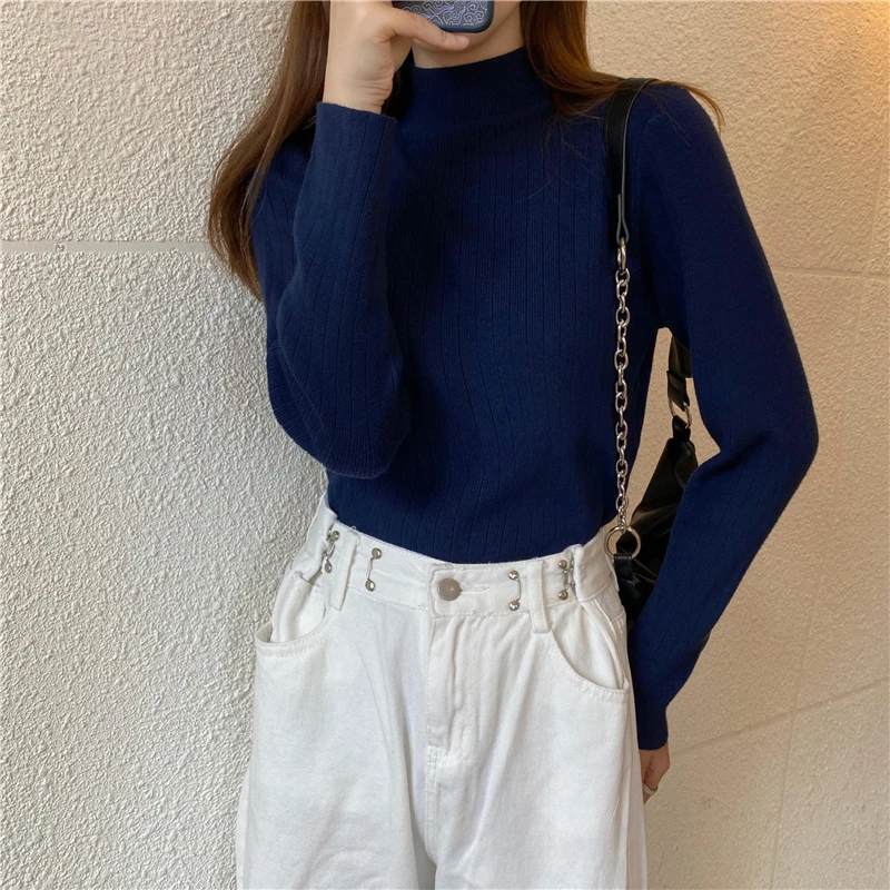 

Zoki Half high collar solid color knit bottoming shirt women's horizontal stripe slim fit all-match sweater pullover