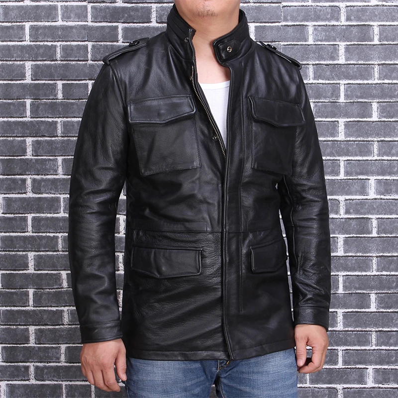 Мужская кожаная куртка в стиле милитари черная длинная зимняя из натуральной