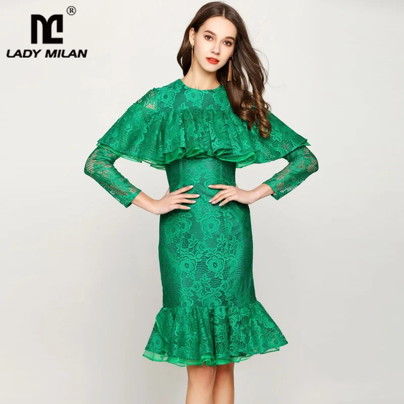 

Женское кружевное платье Милана, подиумное платье с круглым вырезом, длинным рукавом, оборками и юбкой-годе