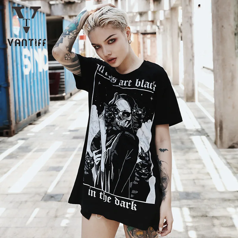 

Fashion Girl T-shirt Streetwear Women Clothing Dark Harajuku Slouchy Black T-shirt Women Loose Print INS Mourning Short Sleeves