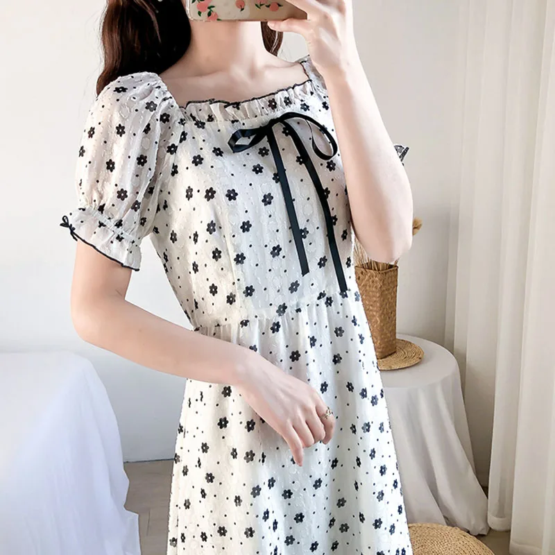 

New Women's Skirt Waist Slim Beach Dress Holiday Dress French Floral Dresses for Women White Vintage Bow Dot SHORT Blusas 0915