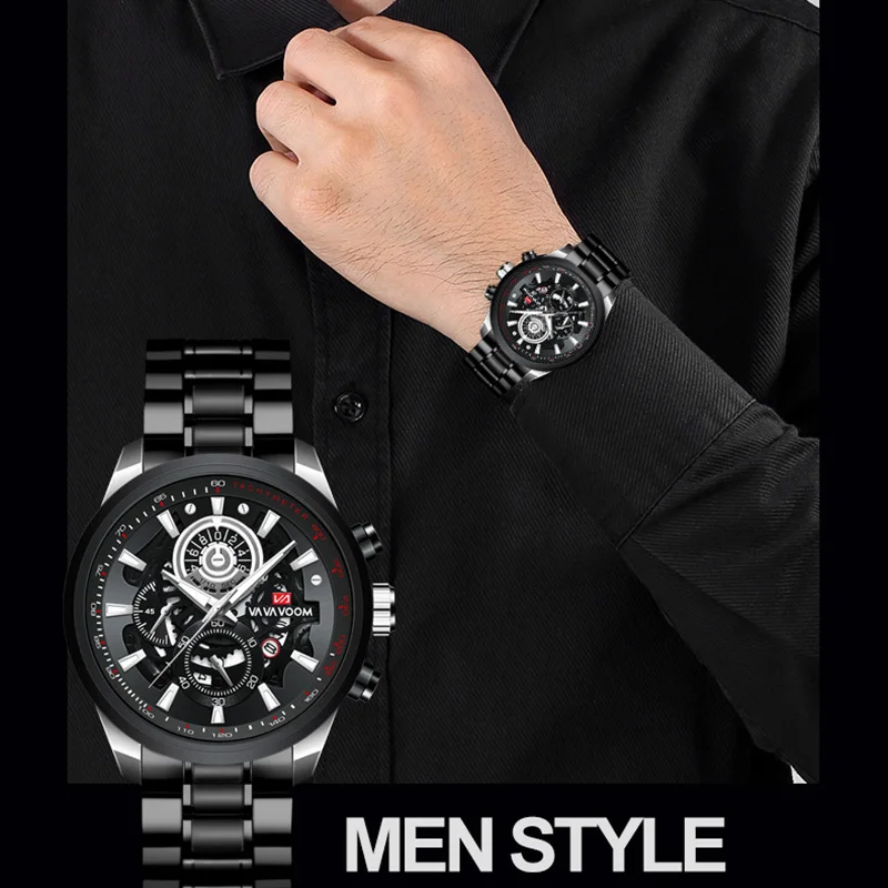 

Men's Top Sports Watch Fashion Design Luxury Gold Black Stainless Steel Quartz Movement Calendar Waterproof For Men WristWatches