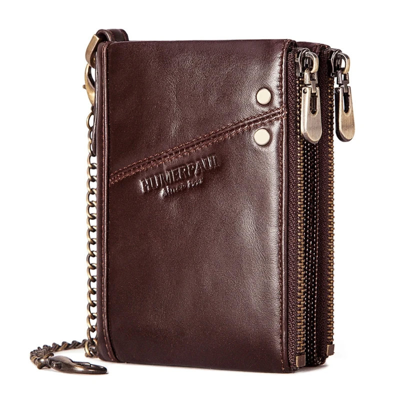 

2021 NEW Men's RFID Blocking PU Leather Bifold Wallet Business Short Purse Change Pocket with Anti Theft Chain