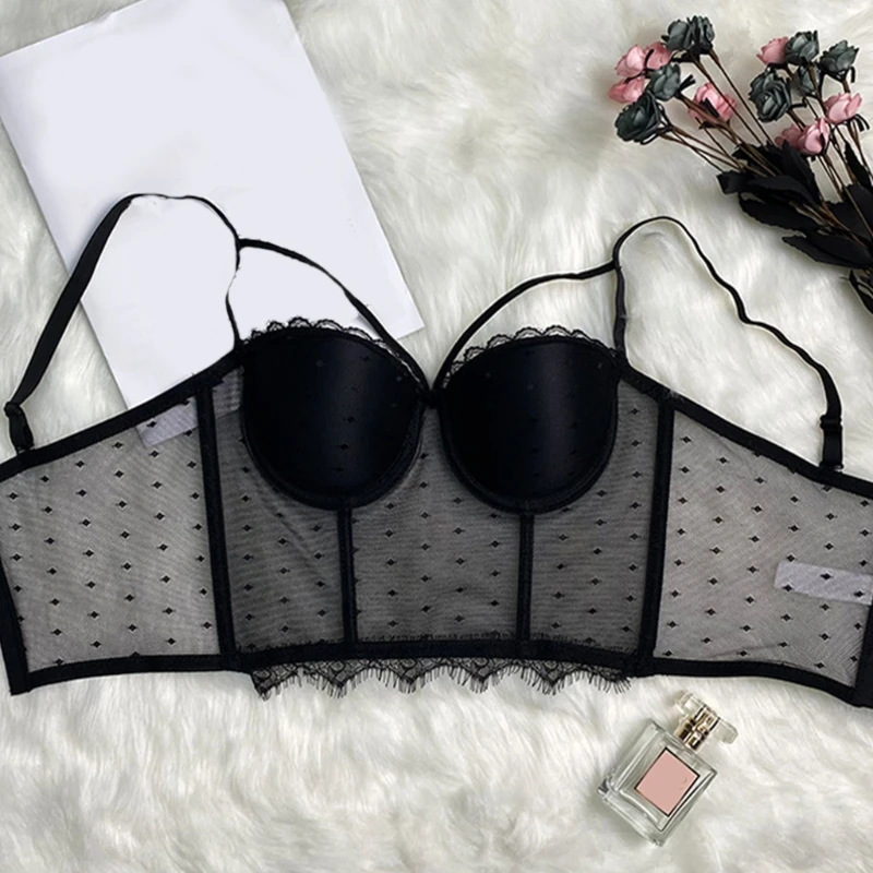 

Women Sexy Spaghetti Strap Bustier Bra Sheer Polka Dot Mesh Eyelash Lace Trim Camisole Vest Club Party Boned Corset Tops