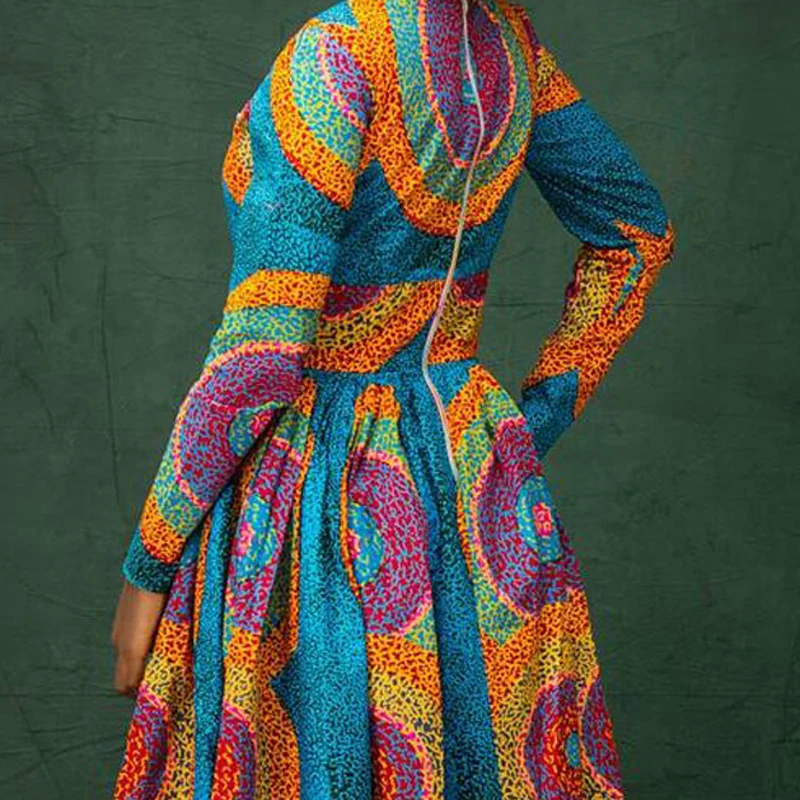 

African Dresses for Women 2021 New Fashion Floral Print Long Sleeve Maxi Dress High Waist Vintage Skirts Summer Africa Clothes