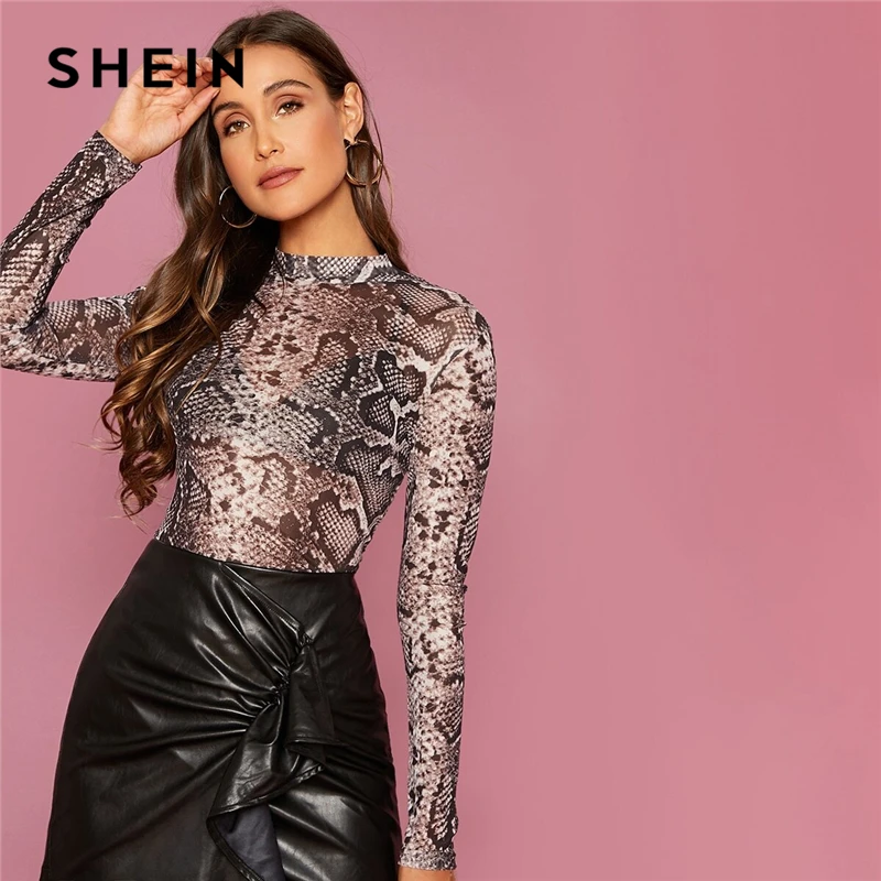 SHEIN многоцветный змеиный принт Сетка Прозрачная Тонкая футболка Топ для женщин Весна Лето с длинным рукавом стоячий воротник сексуальные топы
