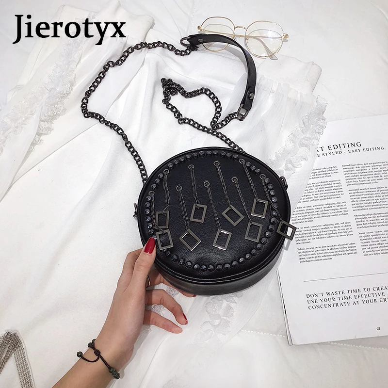 JIEROTYX черные панковские сумки с заклепками из искусственной кожи, женские сумки через плечо, модные круглые сумочки на цепочке, дорожные сумки-мессенджеры