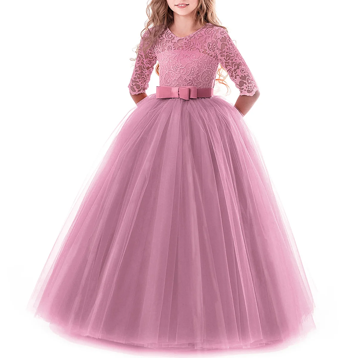 Bean Pink Платье принцессы из тюля; детское свадебное платье с цветочным узором для девочек; платье подружки невесты для первого причастия; бальное платье; длинное кружевное платье из тюля - Цвет: Bean Pink