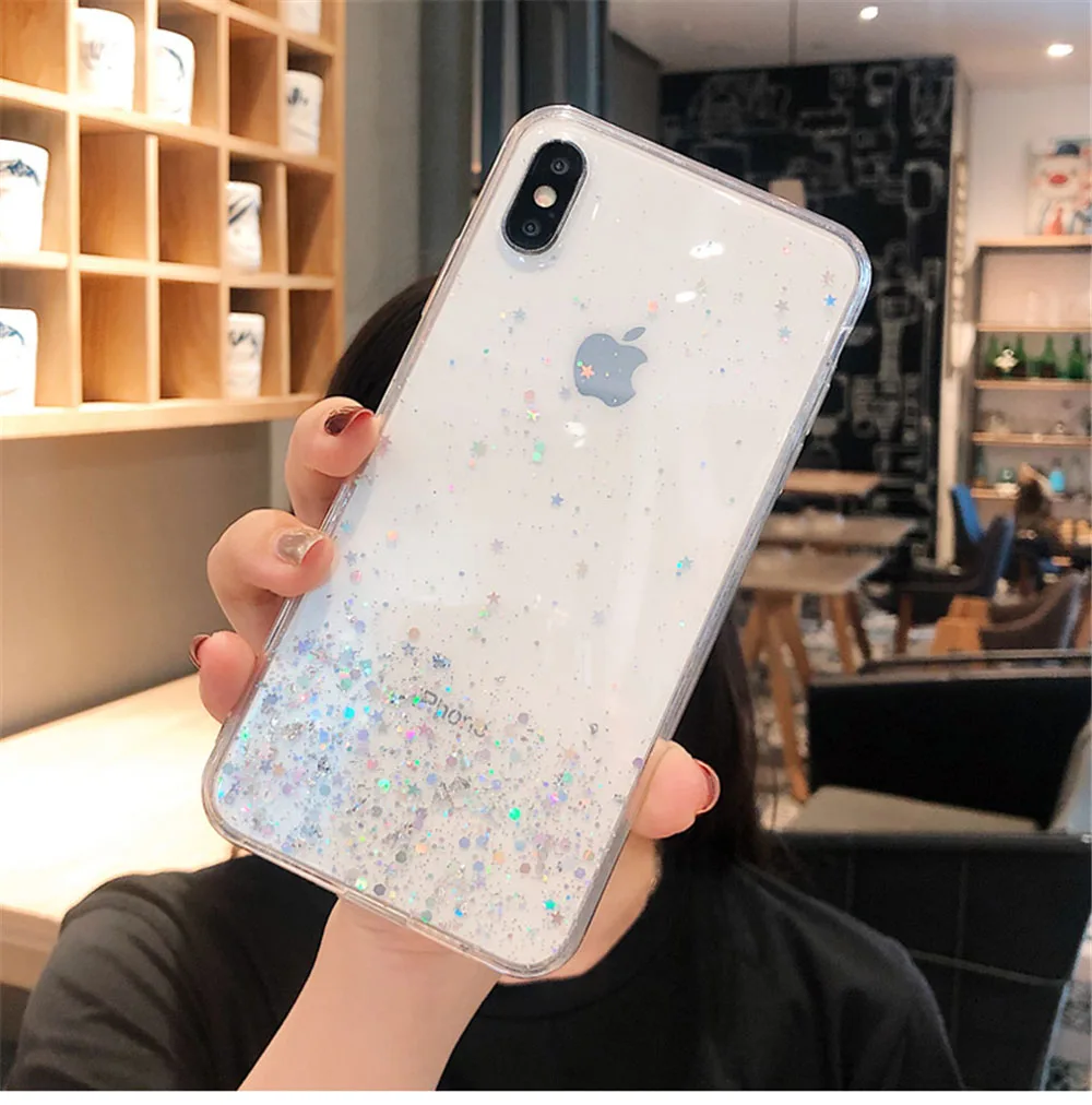Glitter Bling Star Sequins Case For iPhone 8 7 Plus 7p 6 S 6s Clear Transparent Cases For iphone X XR XS MAX 10 Soft TPU Cover