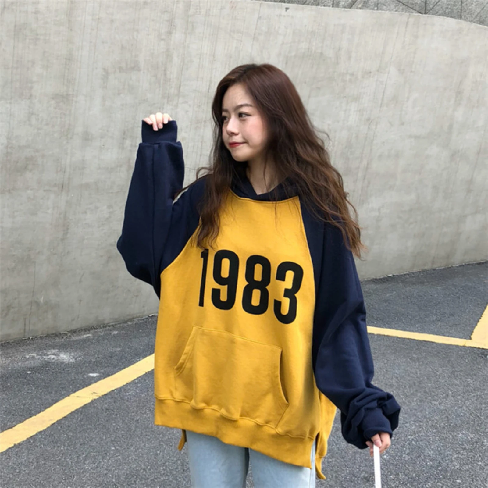 Women Color Block Leisure Loose Long Raglan Sleeve Plush Warm Hoodie Pocket Autumn Sweatshirt Pullover Tops