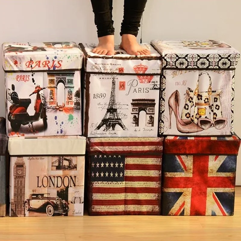 

British Retro Printing Film-coated Folding Storage Stool Multifunctional Creative Shoe Storage Stool Toy Storage Box Storage