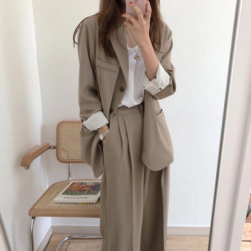 

Korean version of the autumn casual boyfriend wind solid suit jacket + high waist dramapling wide leg trousers suit female