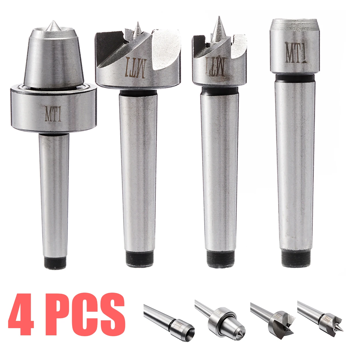 

4pcs MT1 Wood Lathe Center Set Steel Rotary Metalworking Lathe Tool Kit Spur Driver Spur Center Cupped Dead Center Liver Center
