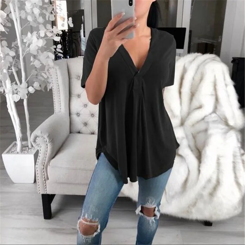 

2021 Summer Women's V-neck Short-sleeved Shirt Loose Large-size Top Woman Black Purple Red White White Tops