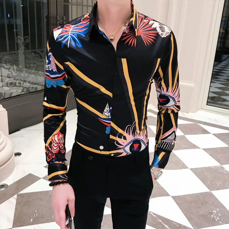 Мужская приталенная рубашка с принтом повседневная брендовая длинным рукавом