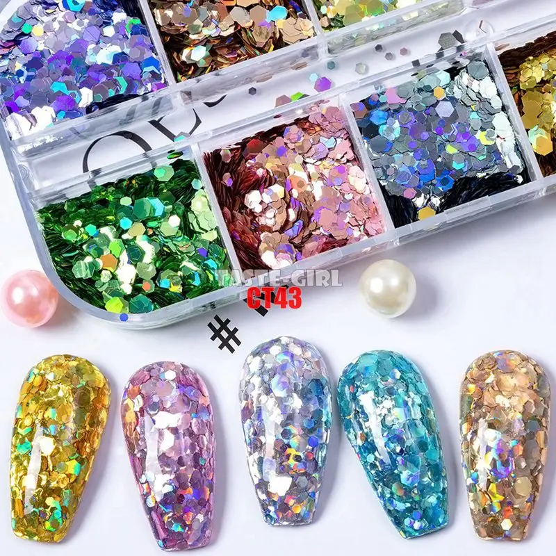 12 ячеек/набор лазерные шестиугольные Блестки для дизайна ногтей|Стразы и