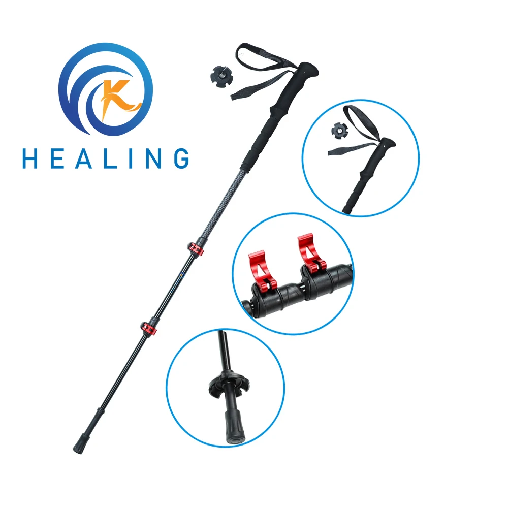 

Healing K Red 3 Sections Adjustable 3K Carbon Fiber Trekking Poles Factory Manufacture Outdoor Stick with Soft EVA Handle