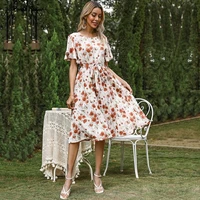 2021 new womens short ruffle sleeve pleated midi dresses with belt floral holiday beach summer clothing for female fashion boho