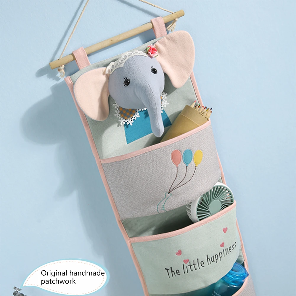 cotton linen organize hanging bags wall mounted home study bathroom kitchen storage bag cartoon multilayer baby elephant set free global shipping