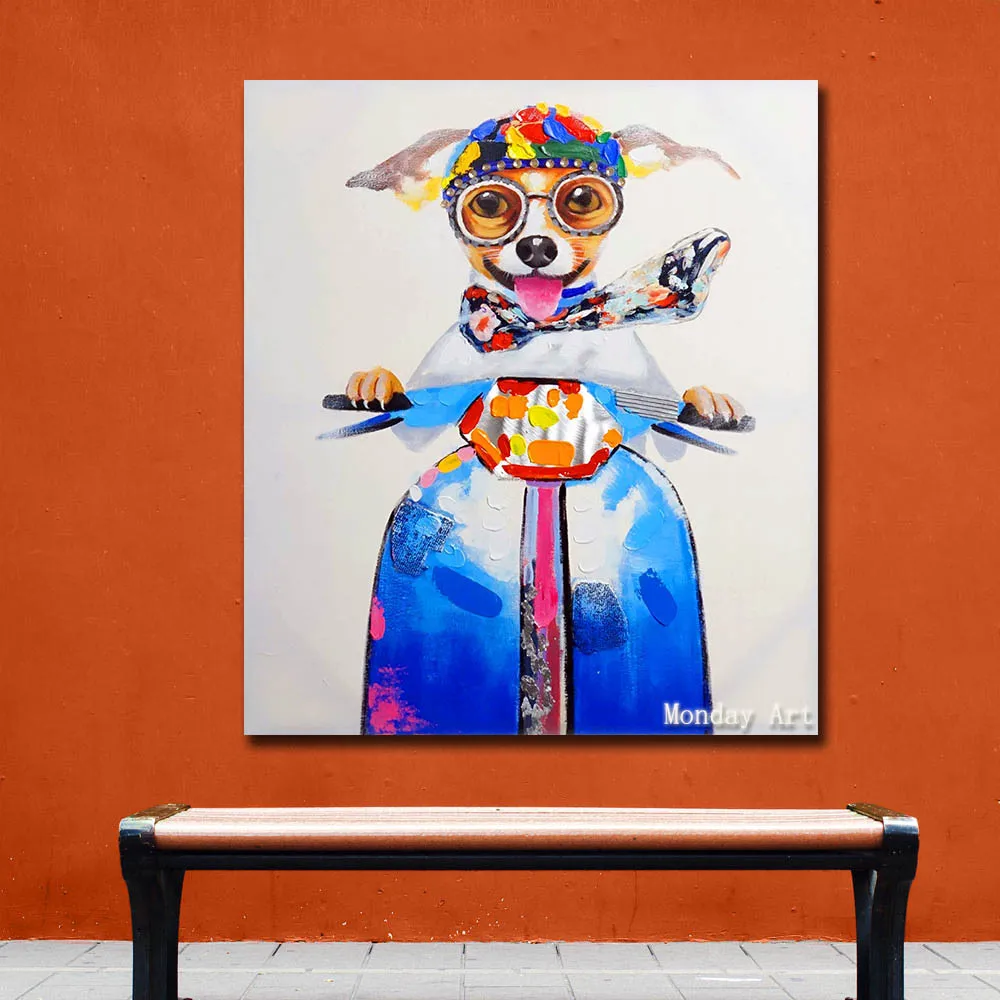

Paintings Wall Art 100% Handpainted lovely dog with bike on Canvas Modern Abstract Pictures Animal Oil Paintings for Home Decor