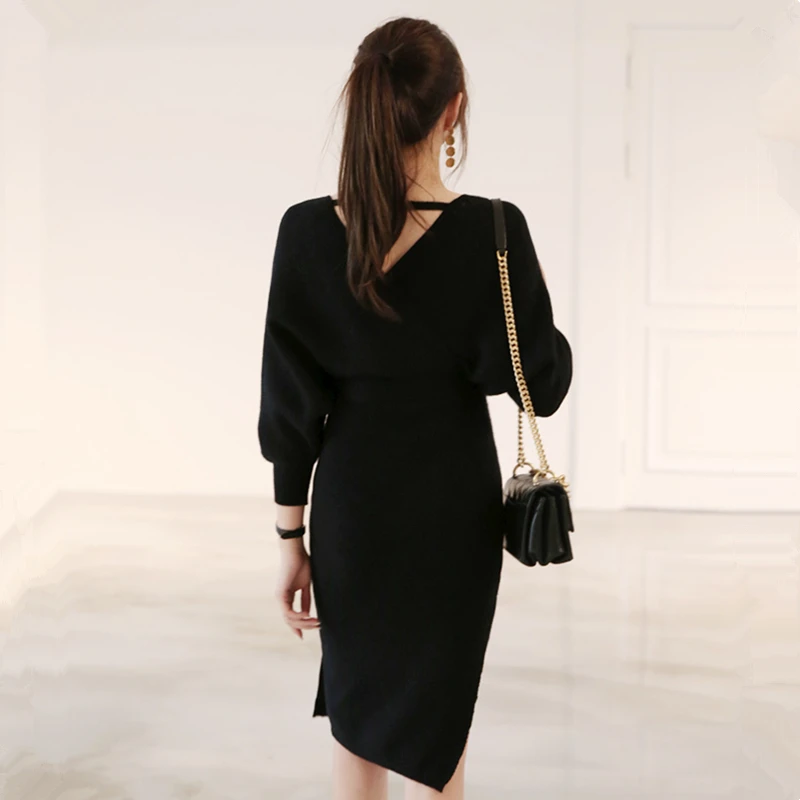 

V-neck Batwing Sleeve Knitted Sweater Dress Women 2021 Spring Lace-up Belted Elegant Sexy Korean Ladies Dresses Vestidos Femme