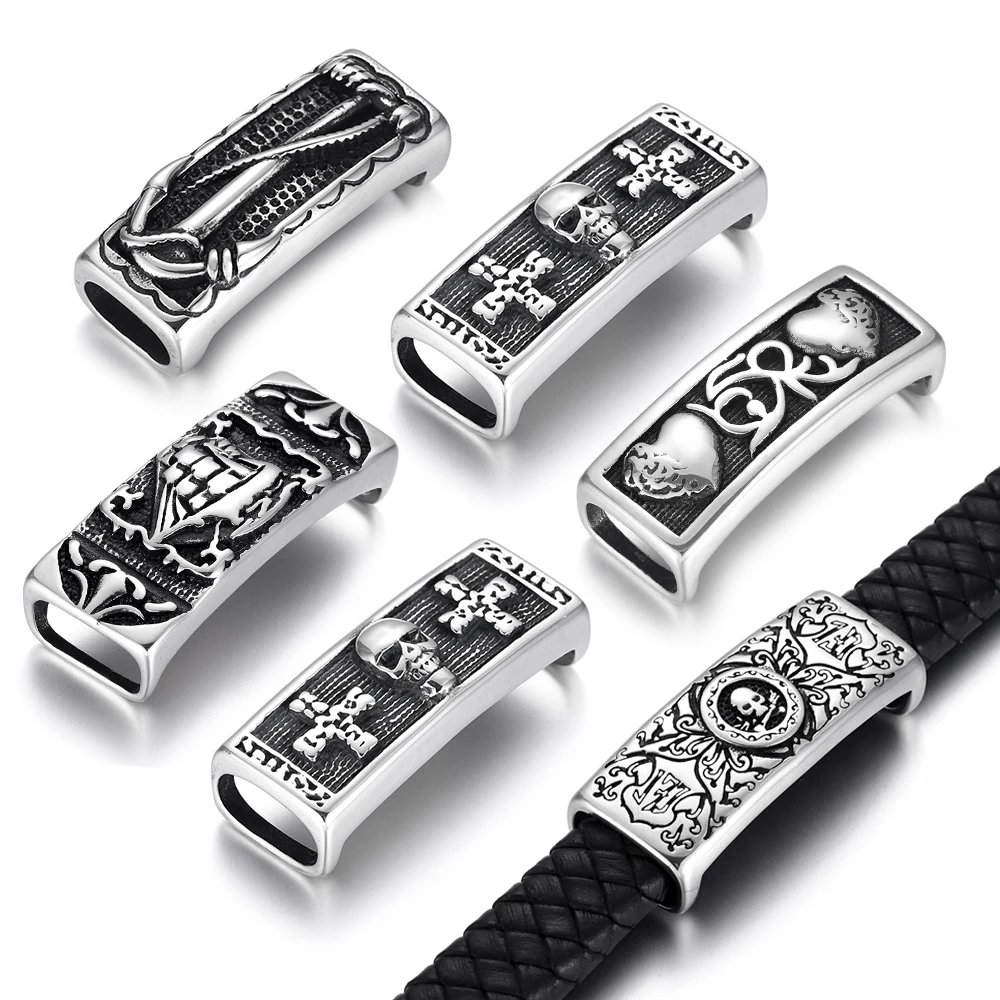 

2pieces Stainless Steel Slide Charms Skull Punk Patterned Slider Bead Fit 12*6mm Flat Leather DIY Men Jewelry Making Supplies