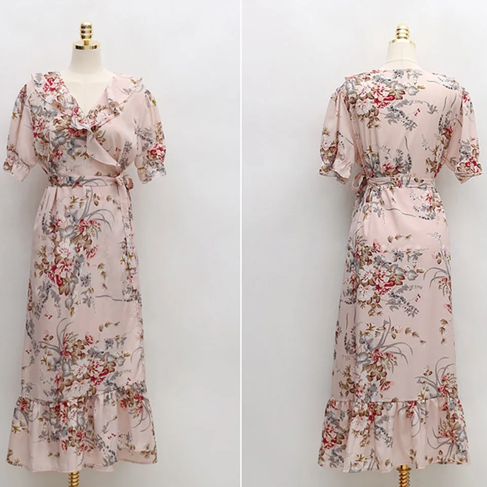 

Chiffon Bohemia Wrap Dress 2021 Summer Leisurely Vacation Floral Simple V-Neck Ruffles Puff Sleeve Elegant Party Dress Women