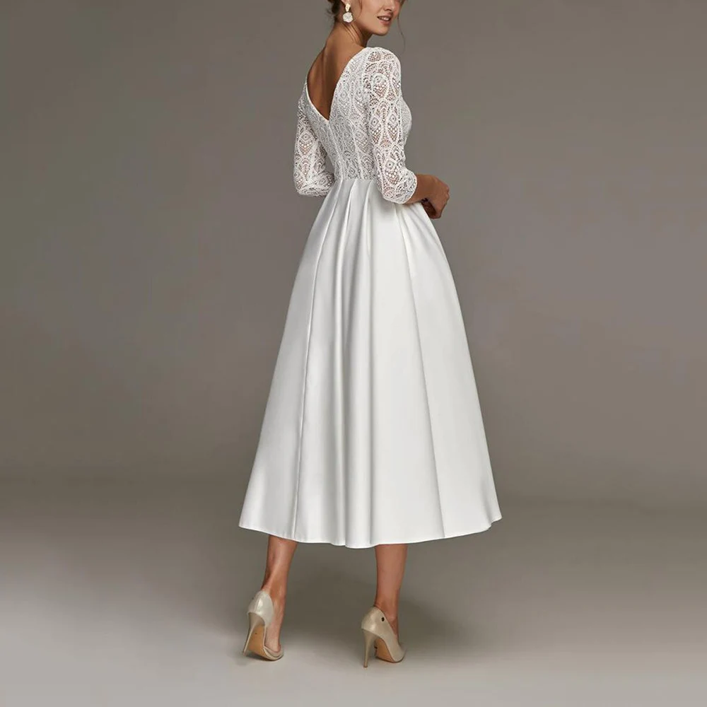 

Fashion Tea Length Wedding Gowns Elegant A Line V-Neck Bridal Dresses Lace Three Quarter Sleeve Vestidos De Noiva 2021