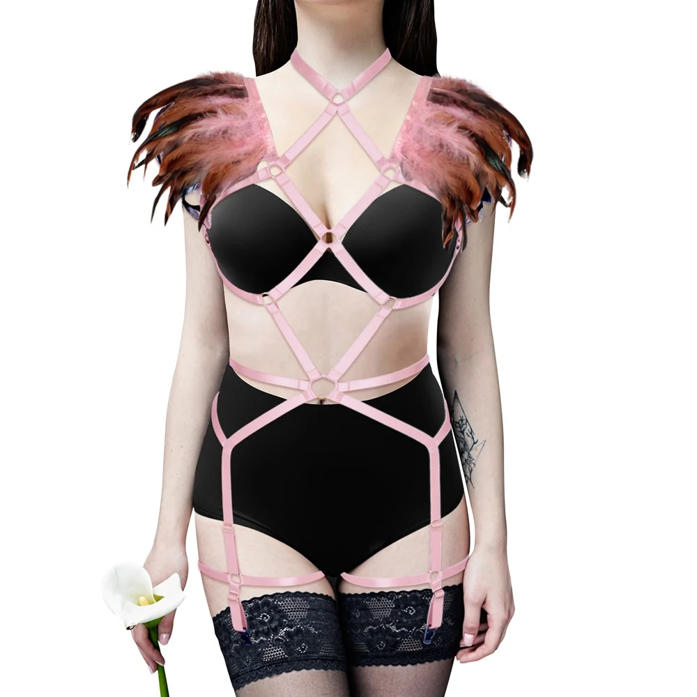 

Sexy Feather Cage Bra Bandage Harness Belt Hollow Out Party Rave Wear Full Body Harness Women Elastic Stocking Strappy Bralette