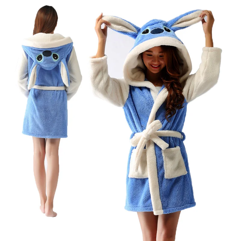 

Blue Stitch Bath Robe Hooded Women Bathrobe Cartoon Homewear Animal Warm Flannel Dressing Gown Soft Robes Sleepwears Kigurumi
