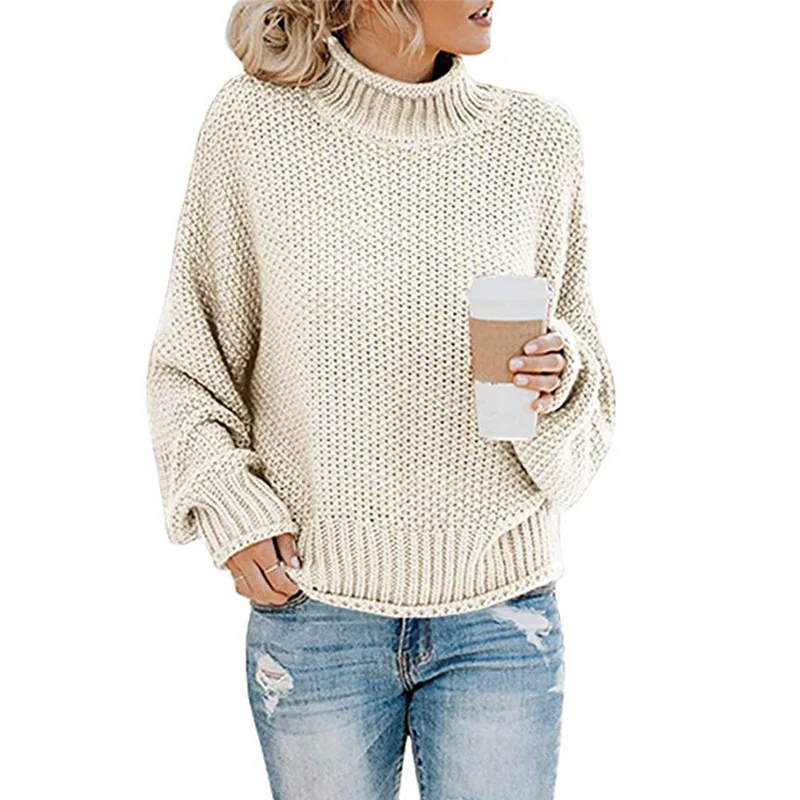 

Autumn and winter women's solid color knitwear high quality women's thick thread turtleneck pullover loose sweater women warm