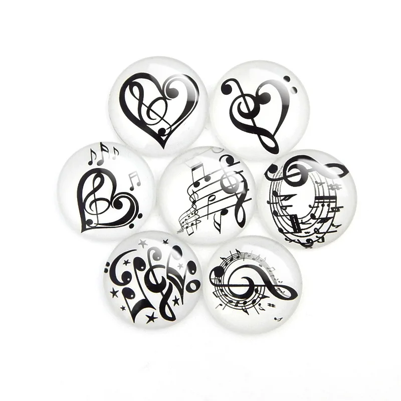 

10 Pcs/Lot Music Note Pattern Round Glass Cabochon Necklace DIY Glass Patch Dome Flat Back Jewelry Findings Random Mix