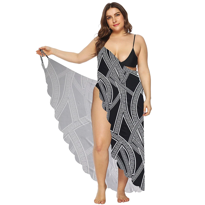 

Plus Size Irregular Beach Dress Female Sexy Backless Print Wavy Edge Multi Functional Black Dress Bestidos De Mujer Verano 2021