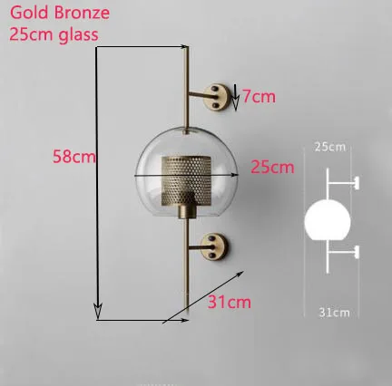 Gold 25cm Промышленный стиль, настенный светильник для гостиной, 20 см, 25 см, прозрачный стеклянный абажур, ретро креативное настенное освещение в стиле лофт, для прохода, лестницы, спальни - Цвет абажура: Gold 25cm