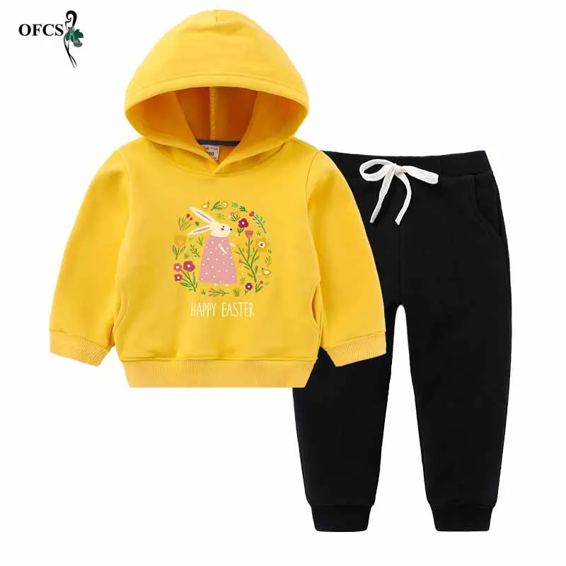 Yellow add Black Комплекты одежды для девочек; зимние теплые детские повседневные толстовки из хлопка с длинными рукавами; флисовое пальто+ штаны; спортивные костюмы из 2 предметов; детская спортивная одежда - Цвет: Yellow add Black