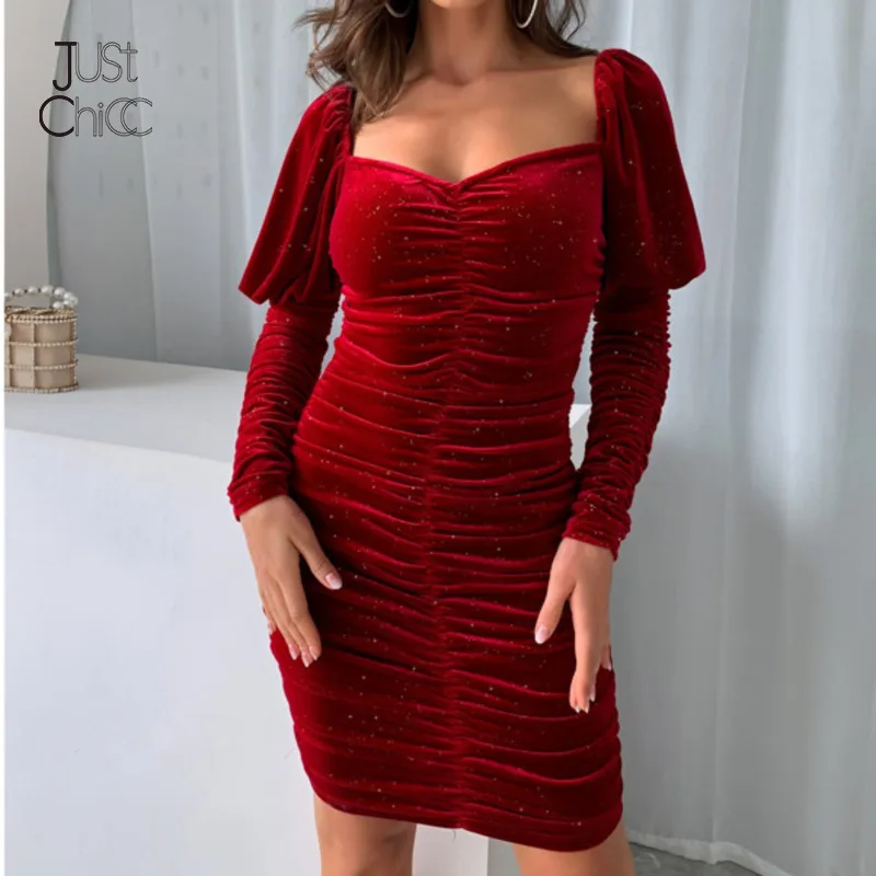 

Фланелевое элегантное мини-платье с рюшами Justchicc для женщин с пышными рукавами мягкие облегающие платья с открытой спиной на молнии сексуал...