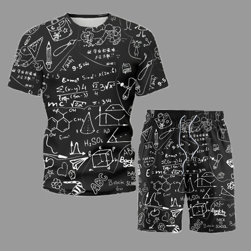 Trend T-Shirt With Shorts Suit Men Casual Sports Tracksuit Graffiti Math Pattern Student Half Sleeve Outfit Summer Clothing