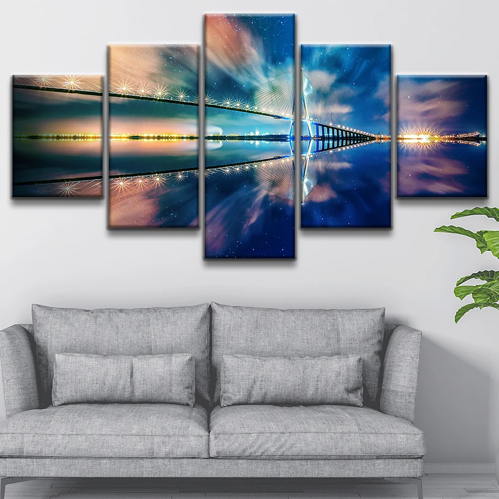 

5 pieces of modern HD print art poster home frame decoration canvas wall modular picture world famous bridge night light