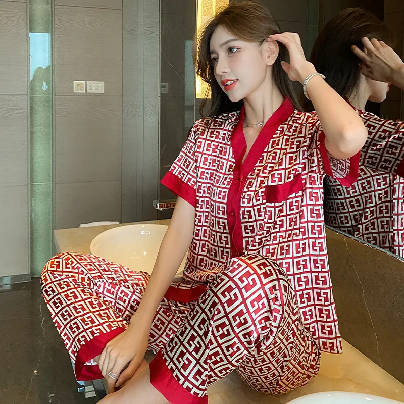 

Pajamas women thin ice silk one sexy short-sleeved pants air-conditioned room summer fashion web celebrity ice silk household