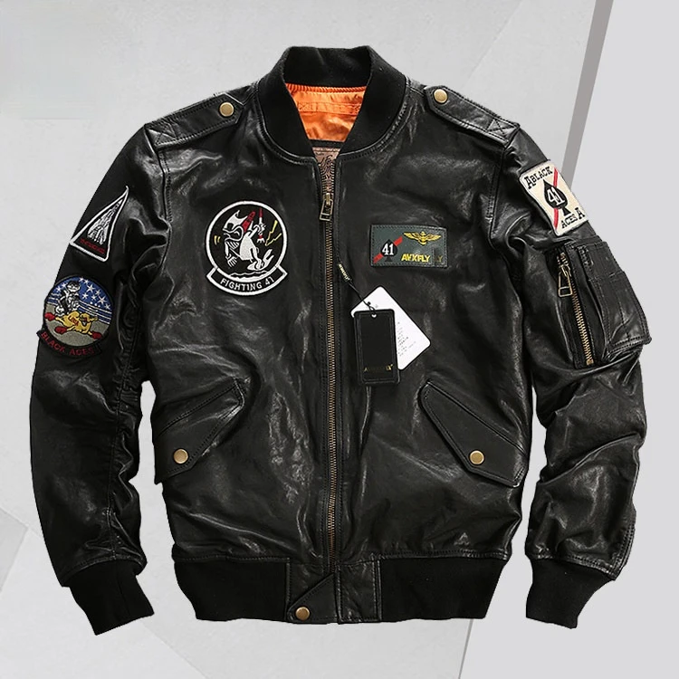 

Spring and Autumn Stand-up Collar Casual Sports Sheepskin Leather Jacket Men's Embroidered Standard Leather Baseball Uniform