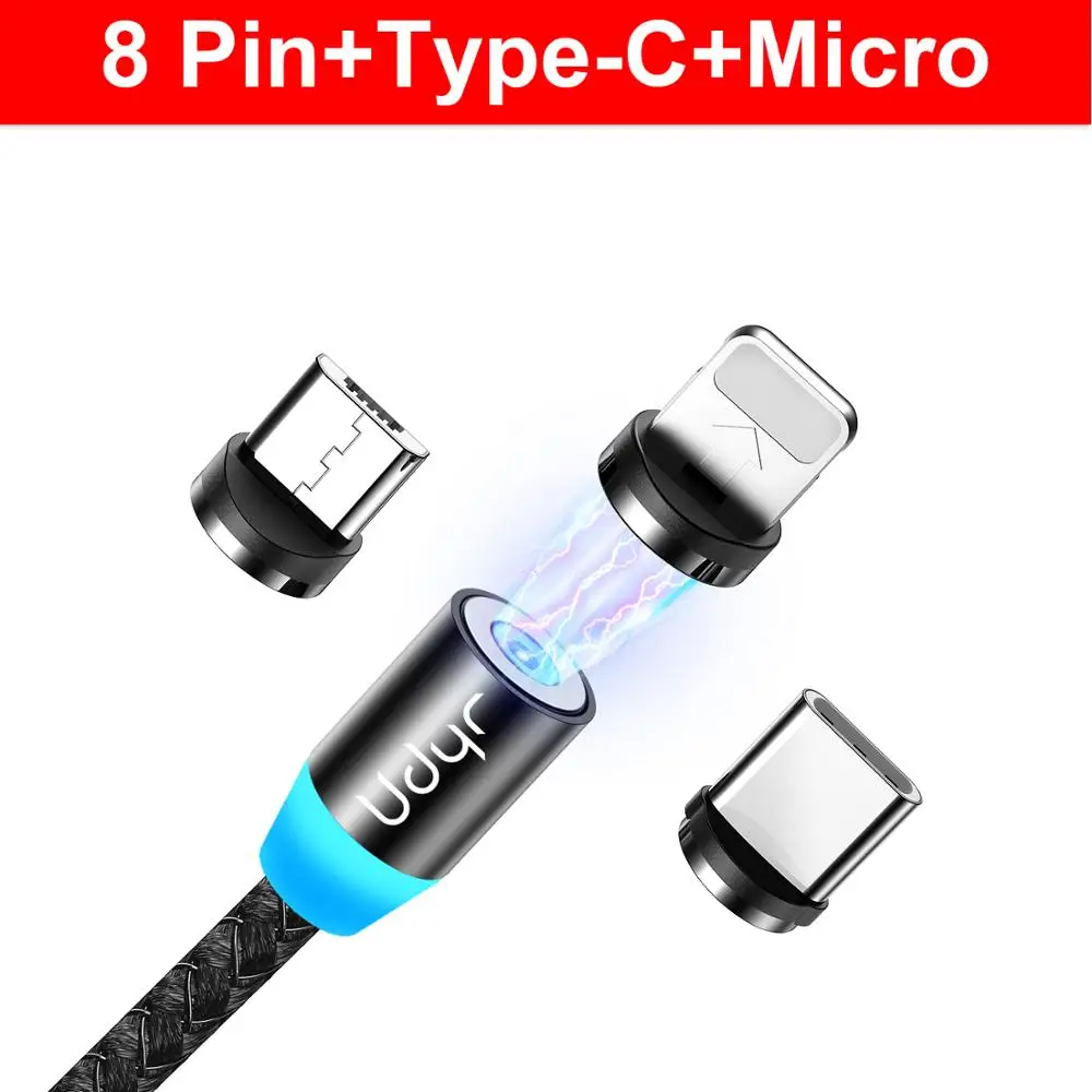 Udyr Магнитный Micro usb type C кабель для iphone samsung Android 2 м Быстрая зарядка магнит Зарядное устройство USB кабель провод для мобильного телефона шнур - Цвет: Black Cable 3 Plug