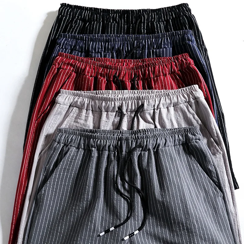 

New Men's Cotton Five-Point Pants Striped Casual Shorts Elastic Waist Loose Sports Pants